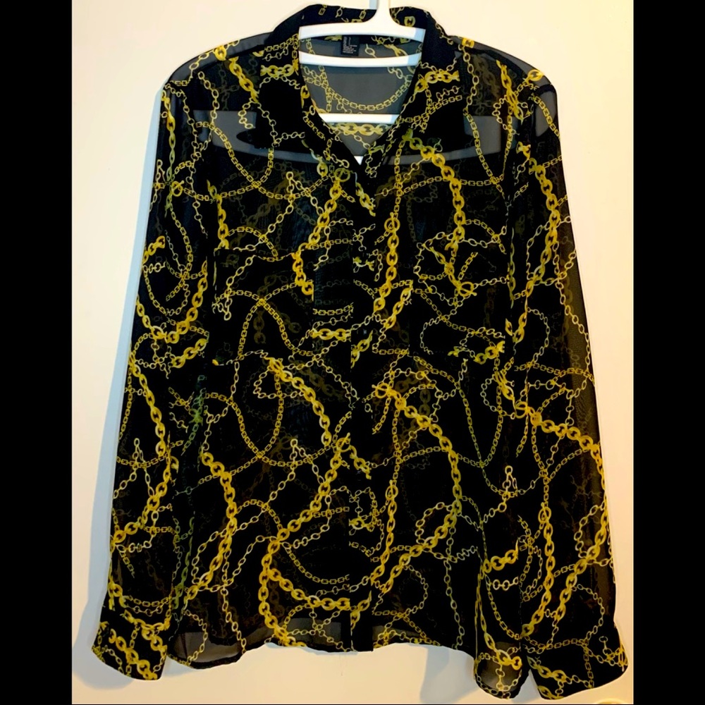 90's/Y2K Gold chains all over Button Up Blouse/Sheer